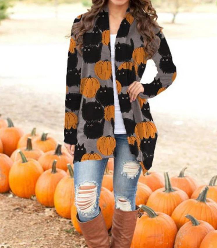 Wholesale Spandex Halloween Printed Long Sleeve Sweater Cardigan Top
